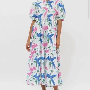 Oliphant Floral Button Cuff Sleeve Maxi Dress In Macaw Blue Print, medium EUC